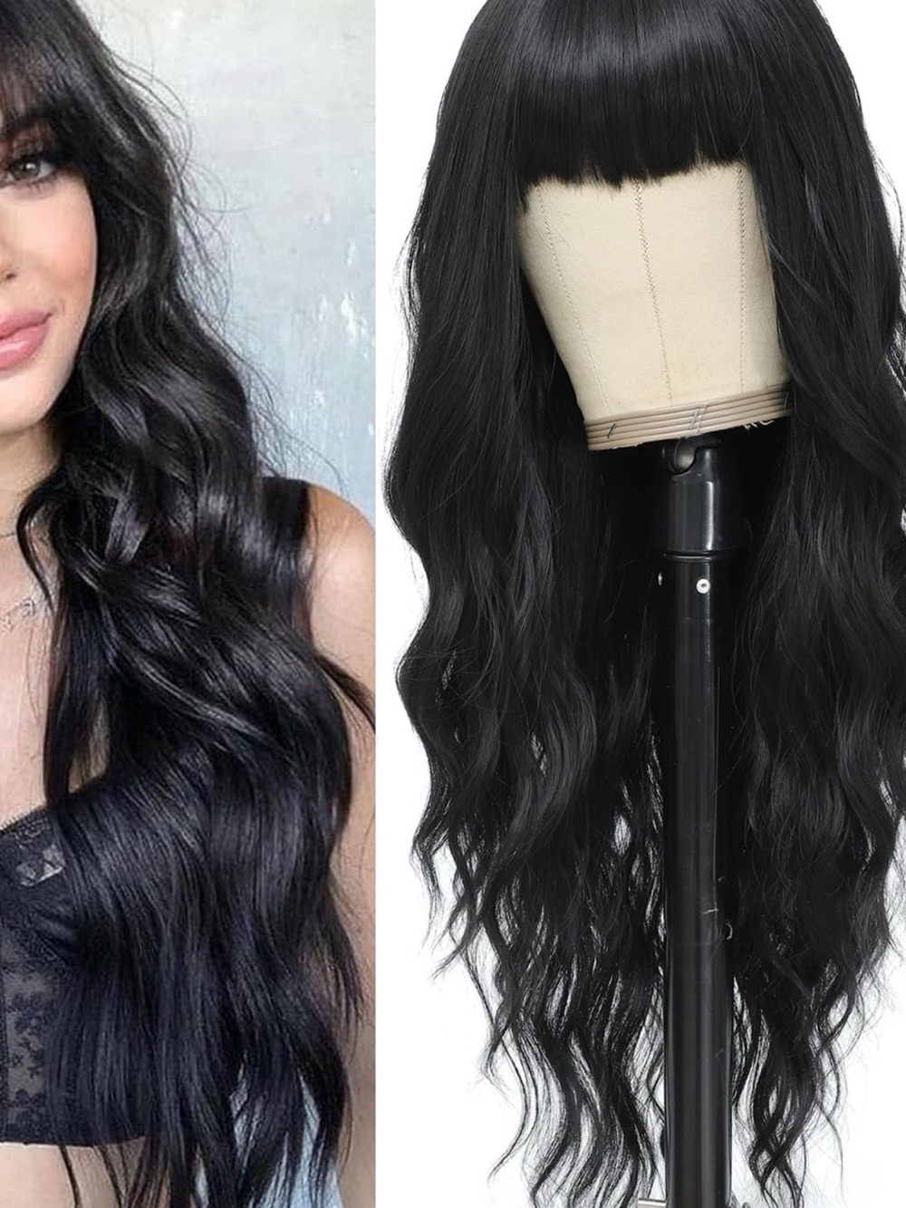 Black Wavy Long Wig with Bangs - Women Hair
